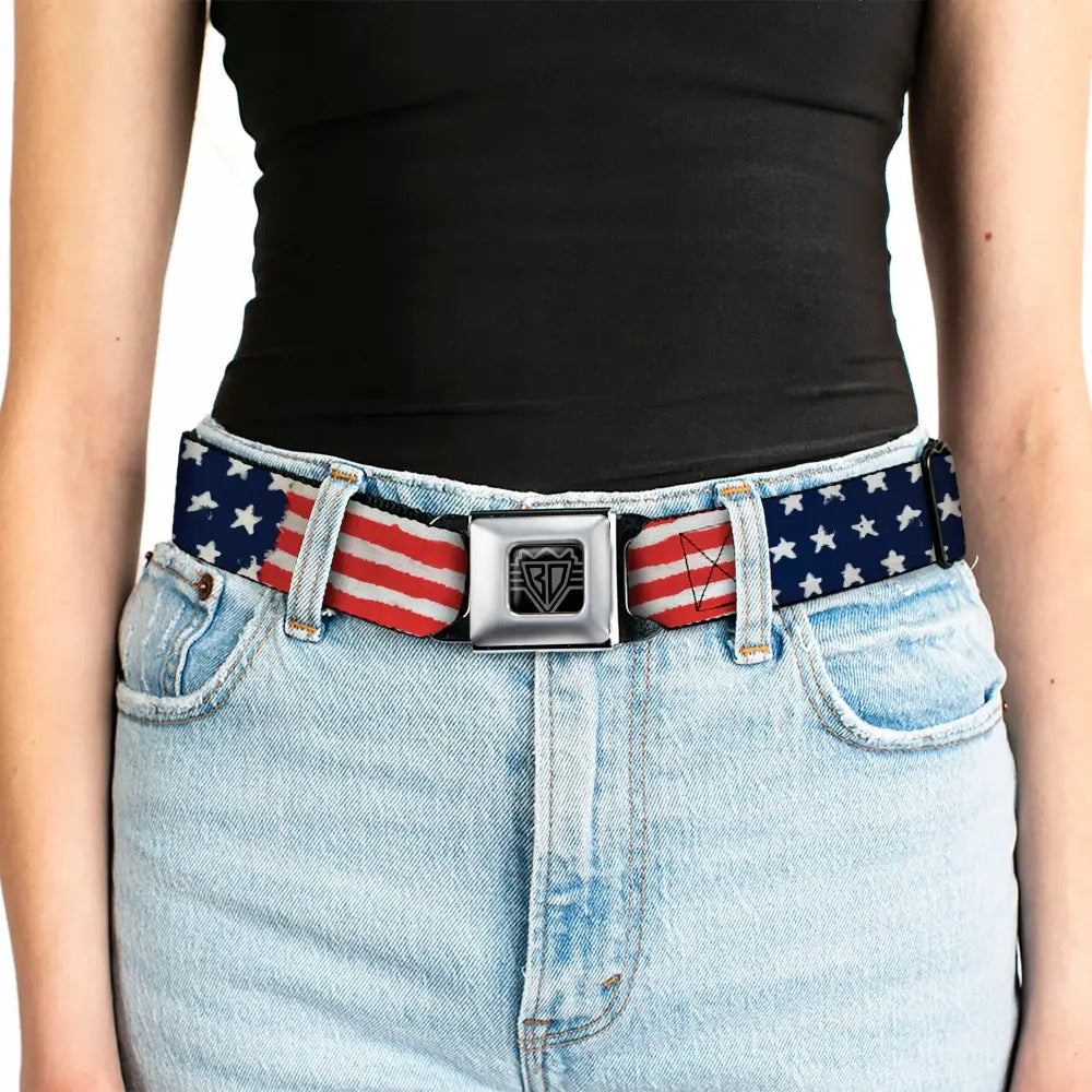 BD Wings Logo CLOSE-UP Full Color Black Silver Seatbelt Belt - Stars & Stripes Painting Webbing Seatbelt Belts