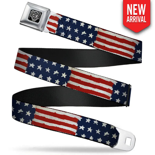 BD Wings Logo CLOSE-UP Full Color Black Silver Seatbelt Belt - Stars & Stripes Painting Webbing Seatbelt Belts