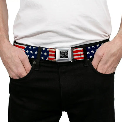 BD Wings Logo CLOSE-UP Full Color Black Silver Seatbelt Belt - Stars & Stripes Painting Webbing Seatbelt Belts