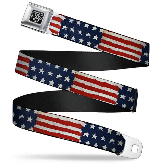 BD Wings Logo CLOSE-UP Full Color Black Silver Seatbelt Belt - Stars & Stripes Painting Webbing Seatbelt Belts