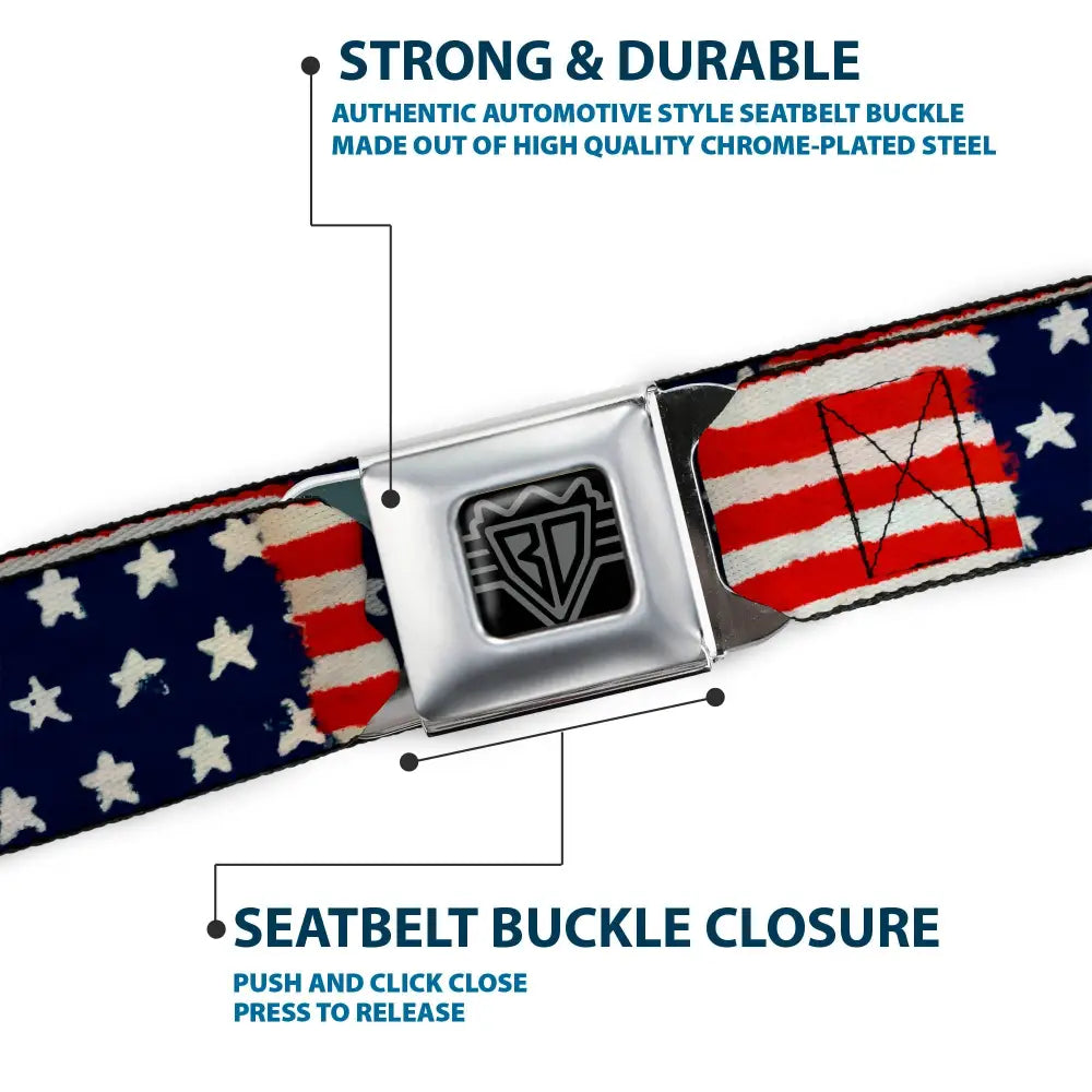 BD Wings Logo CLOSE-UP Full Color Black Silver Seatbelt Belt - Stars & Stripes Painting Webbing Seatbelt Belts