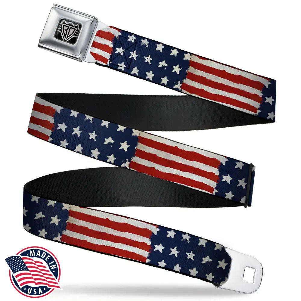 BD Wings Logo CLOSE-UP Full Color Black Silver Seatbelt Belt - Stars & Stripes Painting Webbing Seatbelt Belts