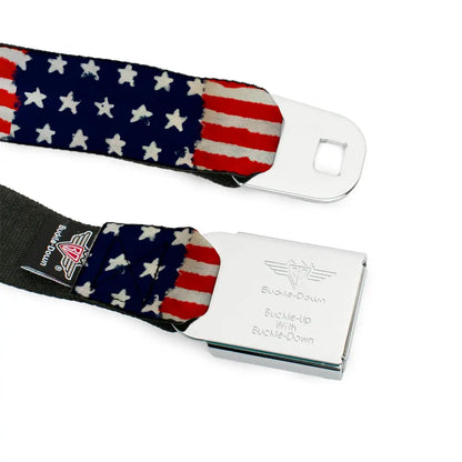BD Wings Logo CLOSE-UP Full Color Black Silver Seatbelt Belt - Stars & Stripes Painting Webbing Seatbelt Belts