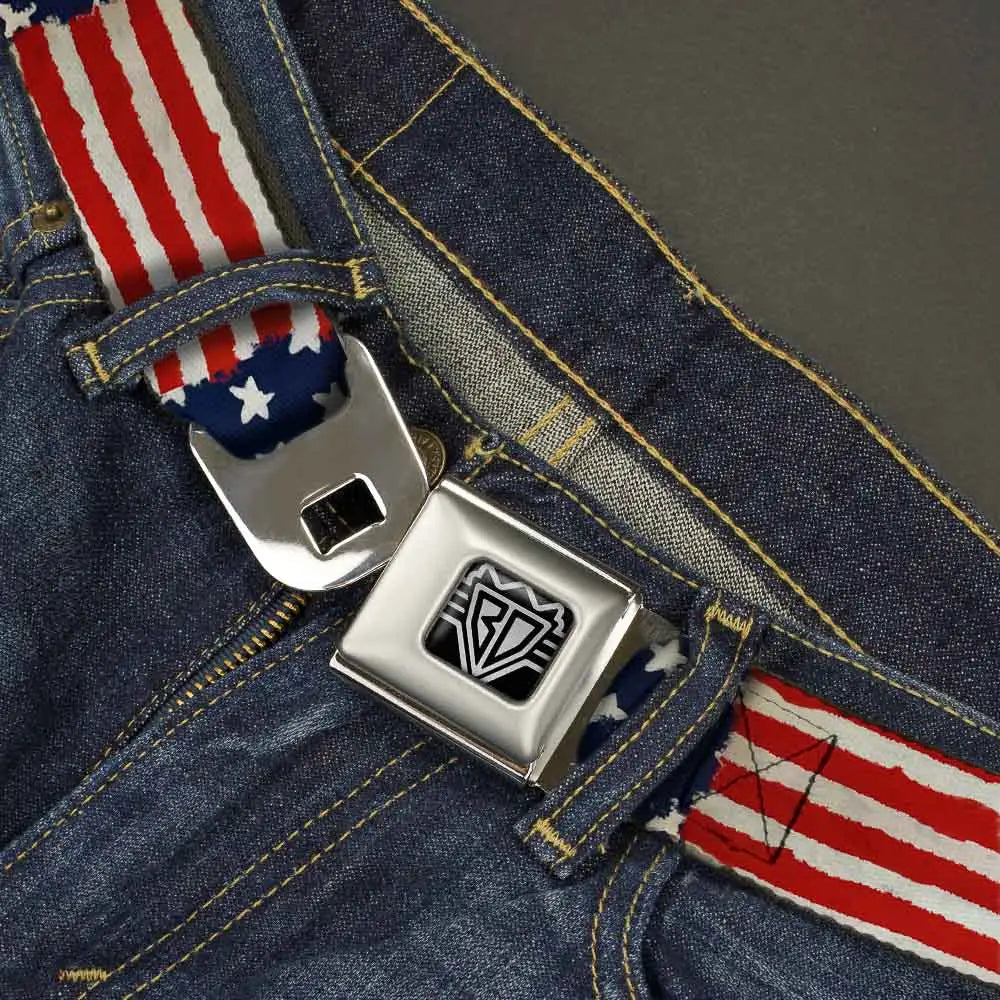 BD Wings Logo CLOSE-UP Full Color Black Silver Seatbelt Belt - Stars & Stripes Painting Webbing Seatbelt Belts