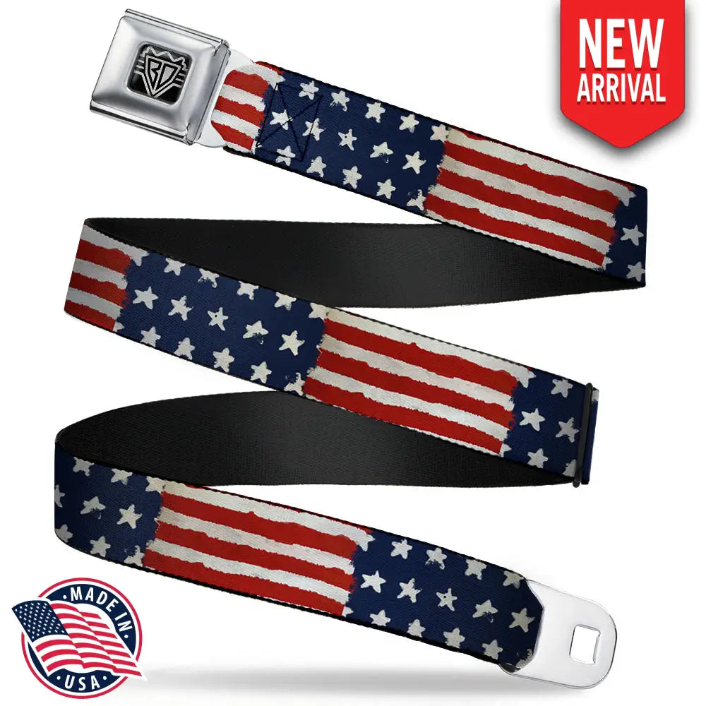 BD Wings Logo CLOSE-UP Full Color Black Silver Seatbelt Belt - Stars & Stripes Painting Webbing Seatbelt Belts