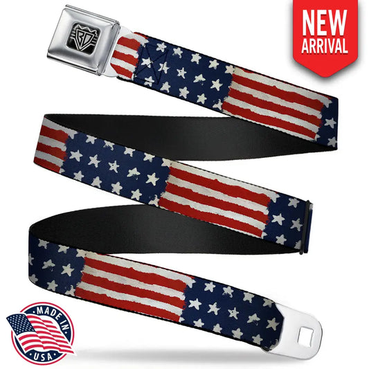 BD Wings Logo CLOSE-UP Full Color Black Silver Seatbelt Belt - Stars & Stripes Painting Webbing Seatbelt Belts