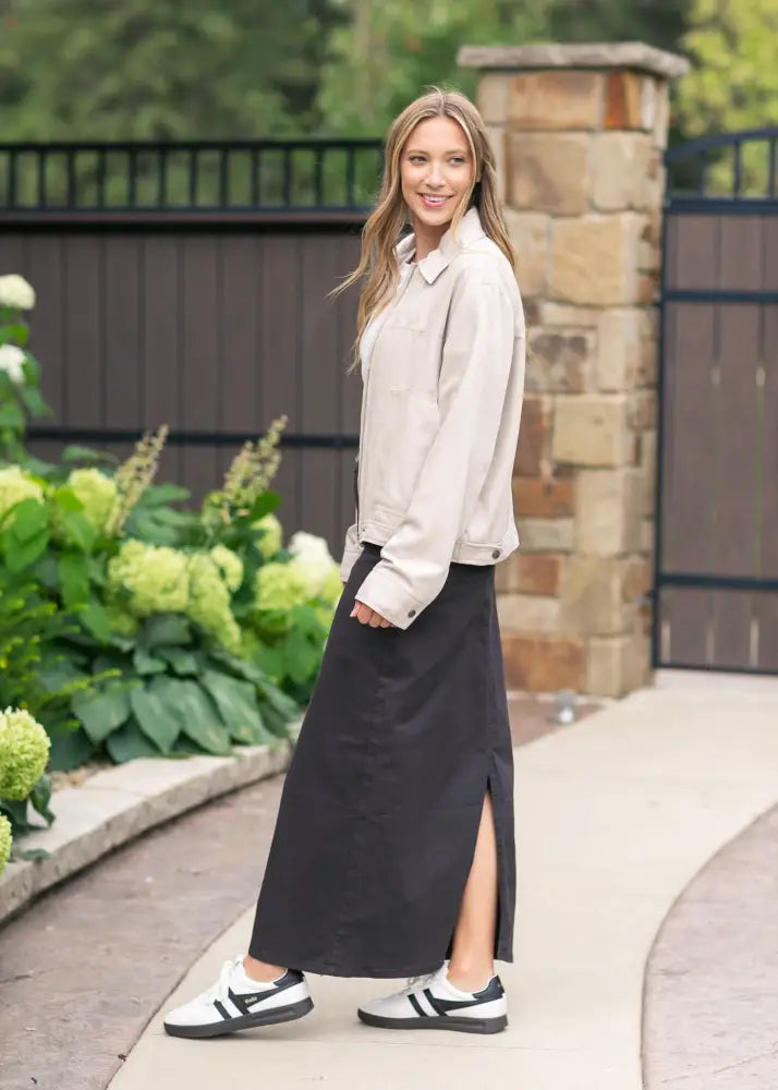 Stella Onyx Black Denim Maxi Skirt - IC Skirts