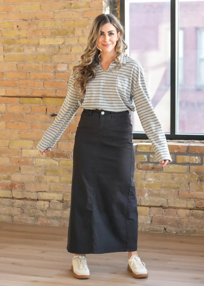 Stella Onyx Black Denim Maxi Skirt - IC Skirts