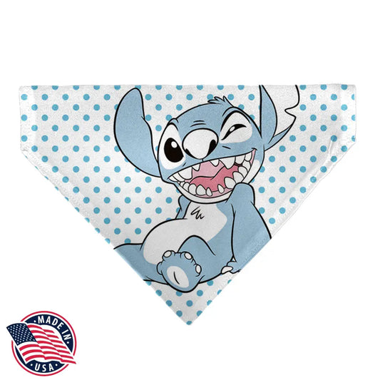 Pet Bandana - Lilo & Stitch Stitch Winking Pose and Polka Dots White/Blue Pet Bandanas