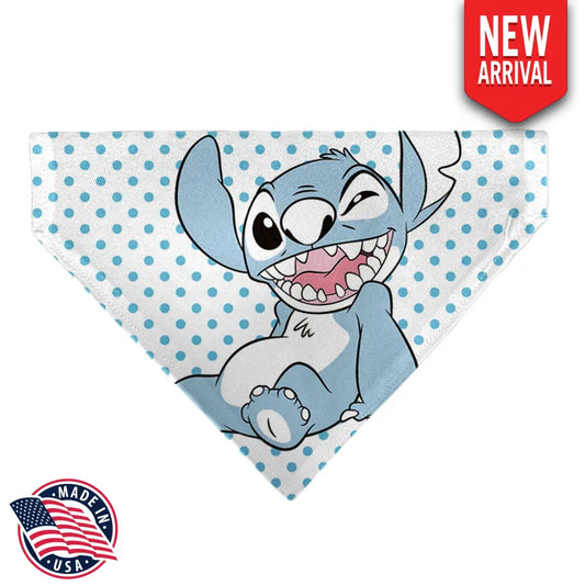 Pet Bandana - Lilo & Stitch Stitch Winking Pose and Polka Dots White/Blue Pet Bandanas