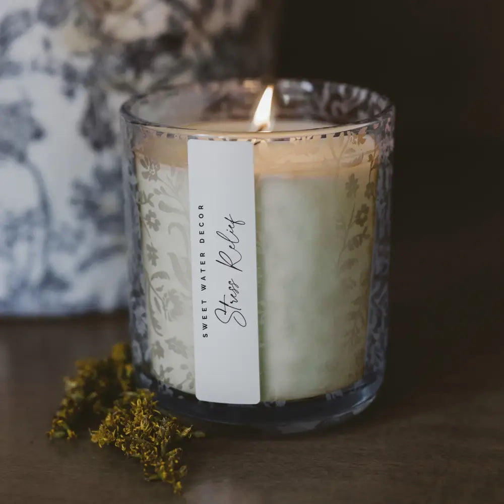 Stress Relief Soy Candle - Blue Tinted Glass Jar - 12 oz Candles
