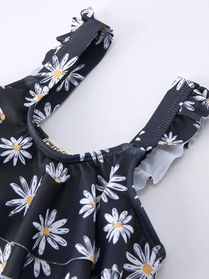 Summer Black Floral Girl Two Piece Swimsuit and Cover-up Set - Swimsuit