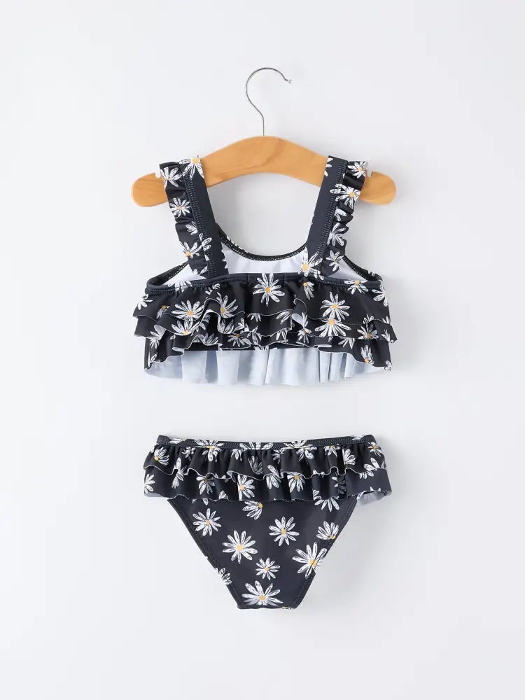 Summer Black Floral Girl Two Piece Swimsuit and Cover-up Set - Swimsuit