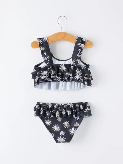 Summer Black Floral Girl Two Piece Swimsuit and Cover-up Set - Swimsuit
