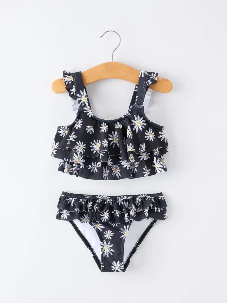 Summer Black Floral Girl Two Piece Swimsuit and Cover-up Set - Swimsuit