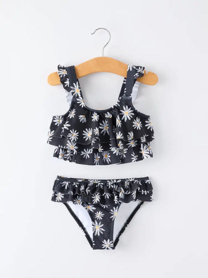 Summer Black Floral Girl Two Piece Swimsuit and Cover-up Set - Swimsuit