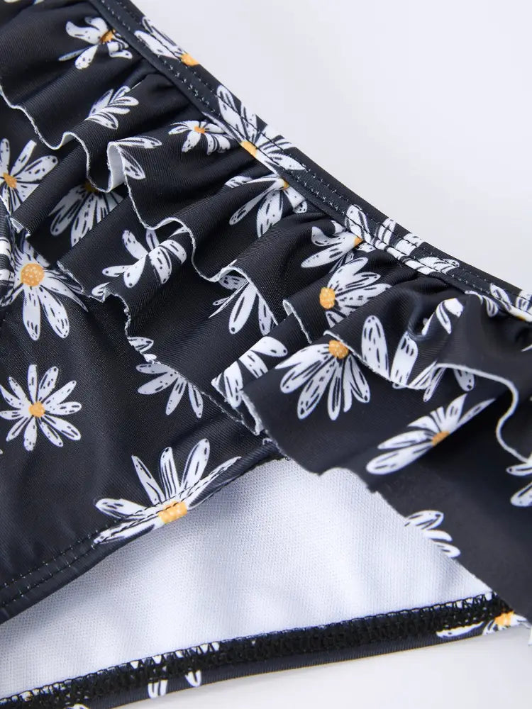 Summer Black Floral Girl Two Piece Swimsuit and Cover-up Set - Swimsuit