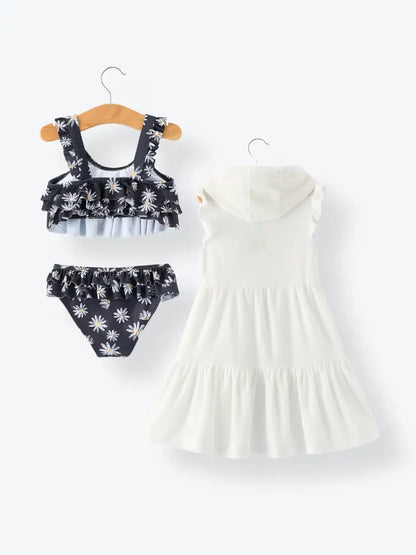 Summer Black Floral Girl Two Piece Swimsuit and Cover-up Set - Swimsuit