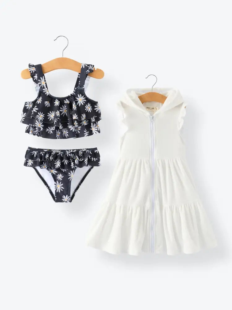 Summer Black Floral Girl Two Piece Swimsuit and Cover-up Set - Swimsuit