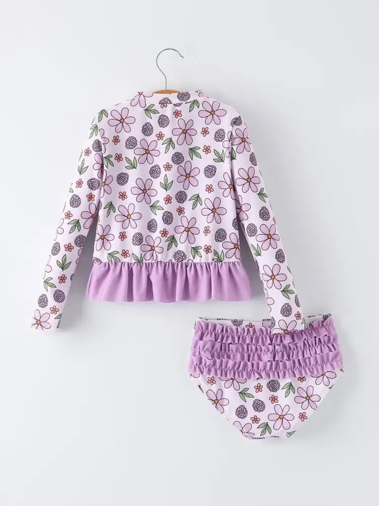 Summer Purple Floral Long Sleeve Girl Swimwear Set - Swimsuit