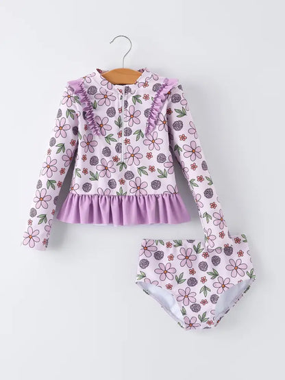 Summer Purple Floral Long Sleeve Girl Swimwear Set - Swimsuit