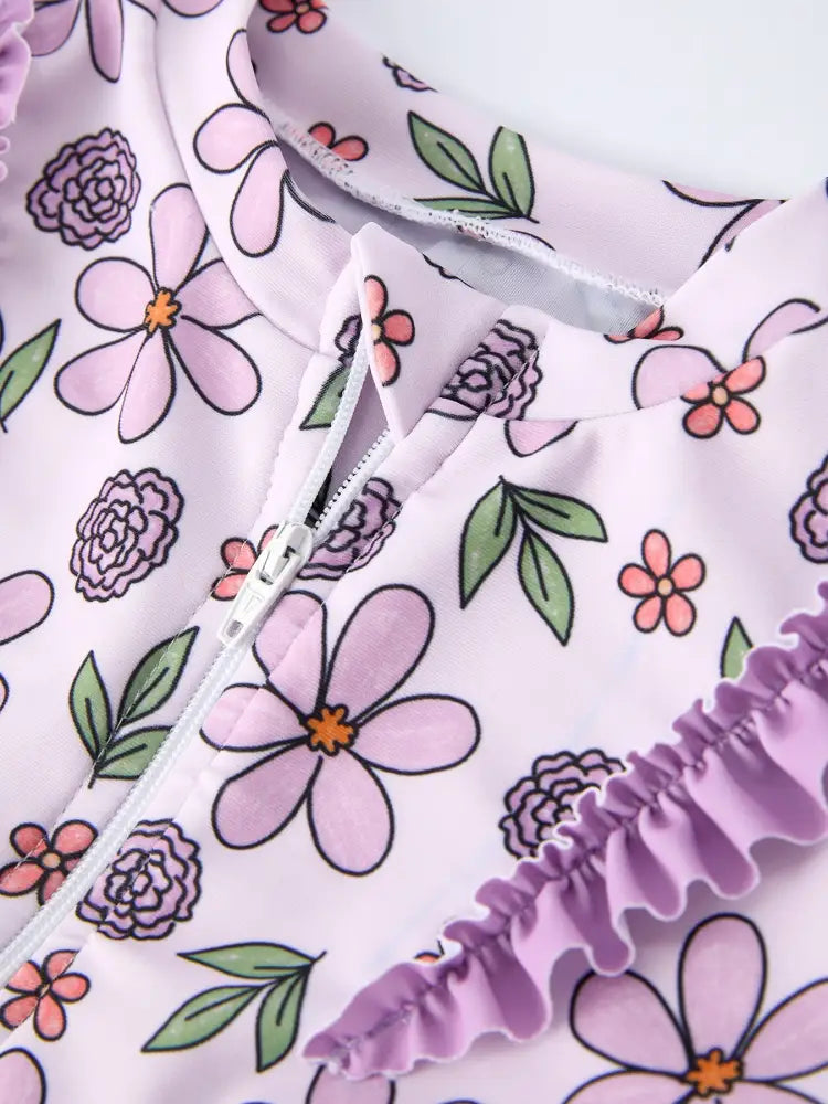Summer Purple Floral Long Sleeve Girl Swimwear Set - Swimsuit