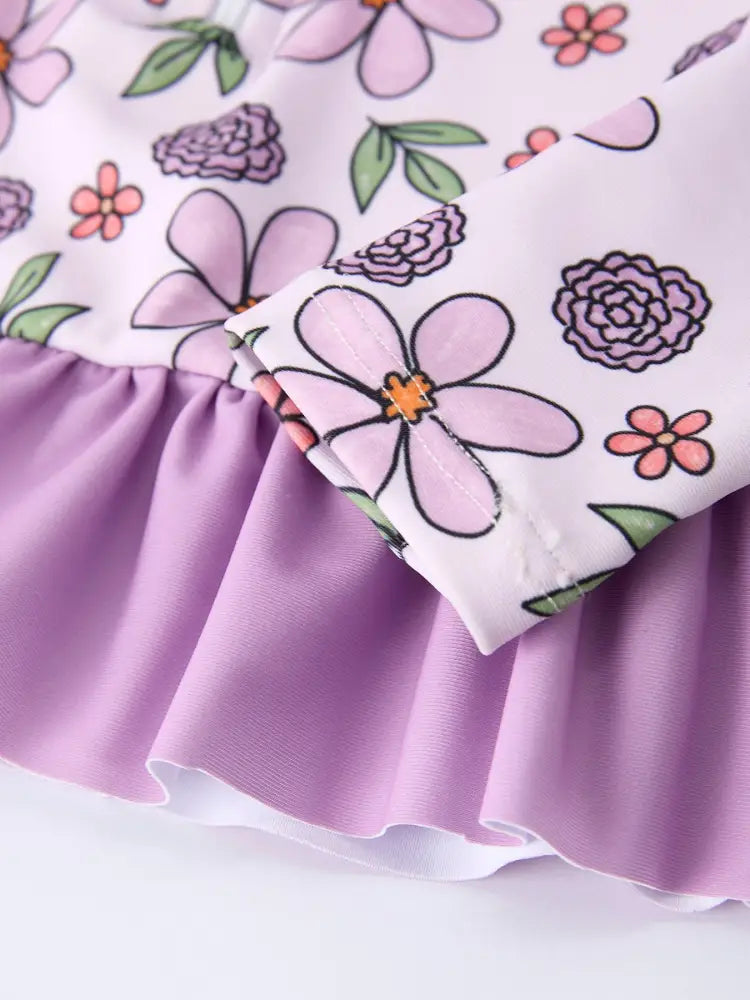 Summer Purple Floral Long Sleeve Girl Swimwear Set - Swimsuit