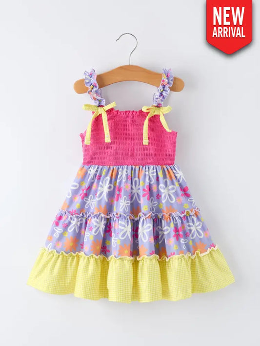 Summer Floral Girls Bow Ruffle Smocked Dress Dress