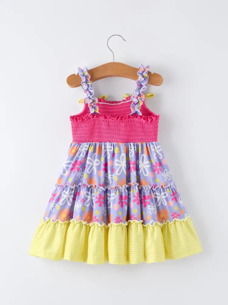 Summer Floral Girls Bow Ruffle Smocked Dress Dress