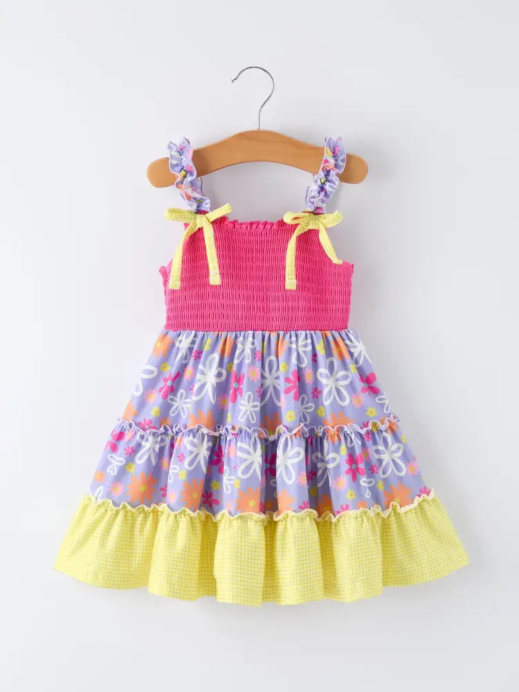 Summer Floral Girls Bow Ruffle Smocked Dress Dress