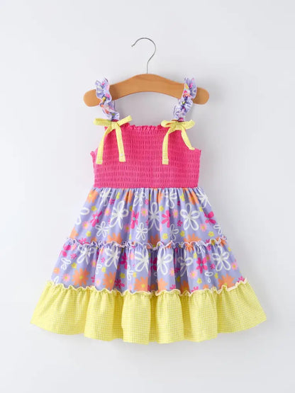 Summer Floral Girls Bow Ruffle Smocked Dress Dress