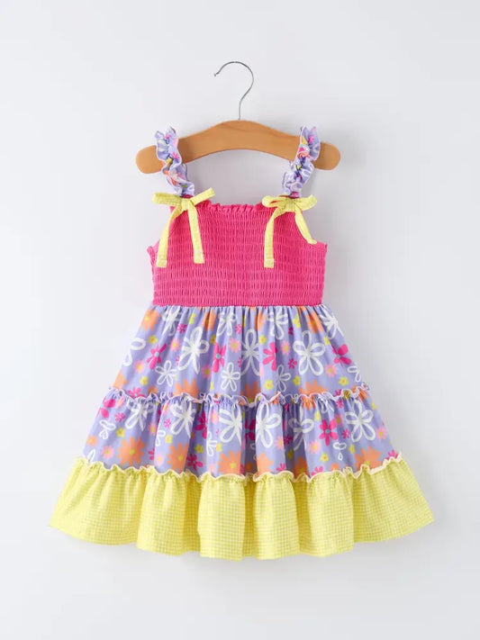 Summer Floral Girls Bow Ruffle Smocked Dress Dress