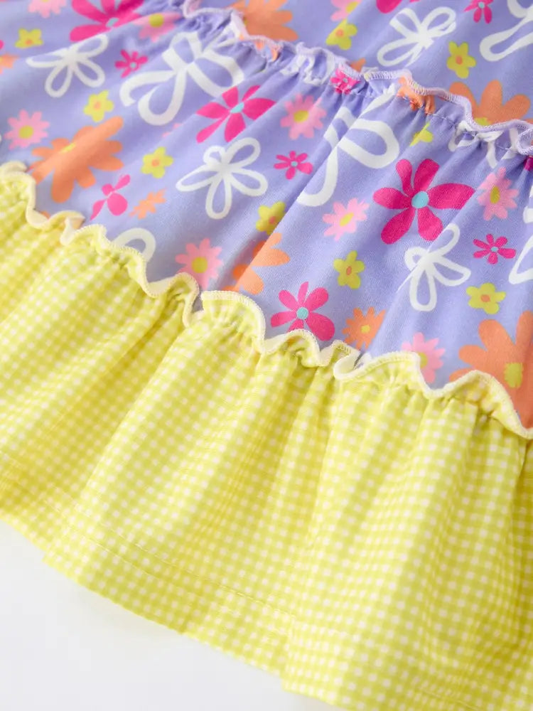 Summer Floral Girls Bow Ruffle Smocked Dress Dress