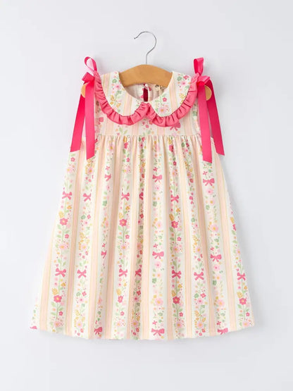 Summer Floral Bow Ruffle Girls Dress Dress
