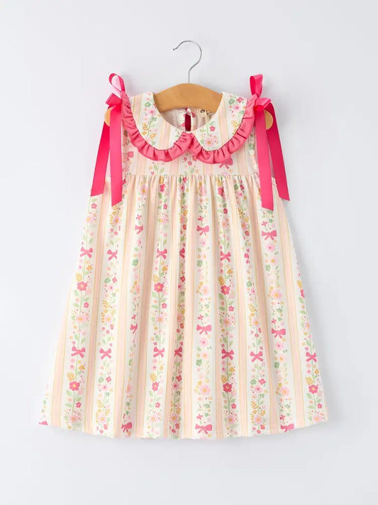 Summer Floral Bow Ruffle Girls Dress Dress