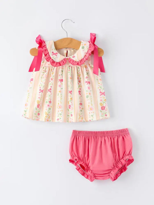 Spring Floral Bow Ruffle Girl Bloomer Set Outfit