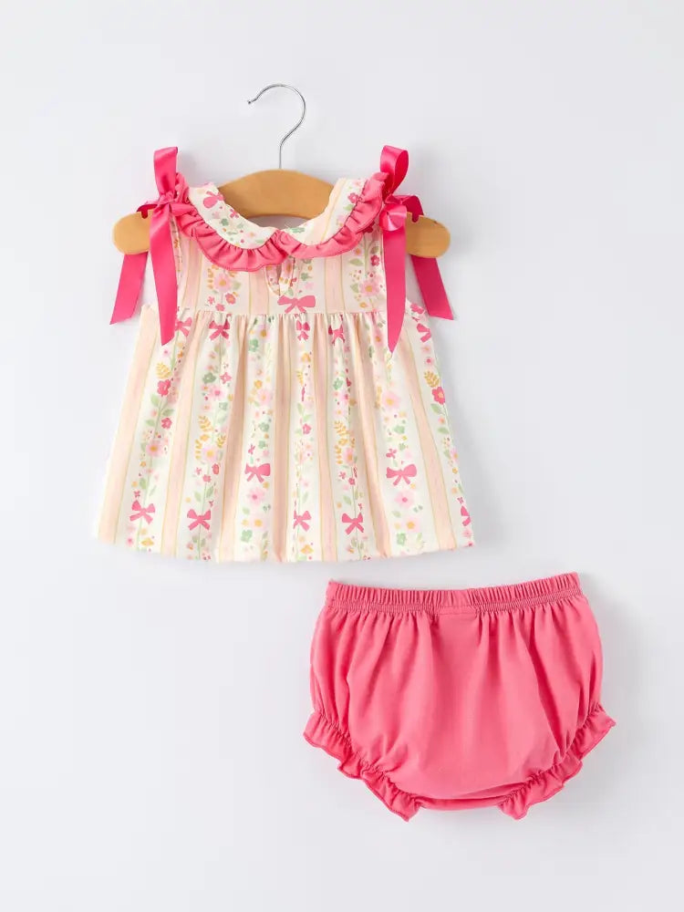 Spring Floral Bow Ruffle Girl Bloomer Set Outfit