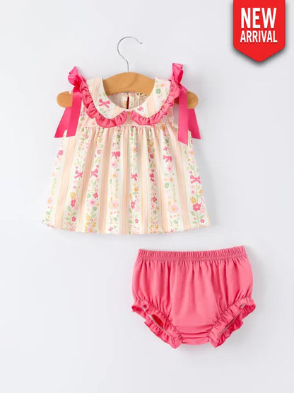 Spring Floral Bow Ruffle Girl Bloomer Set Outfit