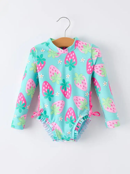 Summer Strawberry Print Girl Long Sleeve Ruffle One Piece Swimsuit - Swimsuit
