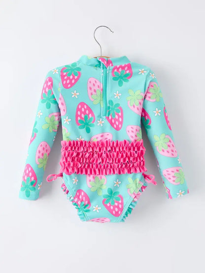 Summer Strawberry Print Girl Long Sleeve Ruffle One Piece Swimsuit - Swimsuit