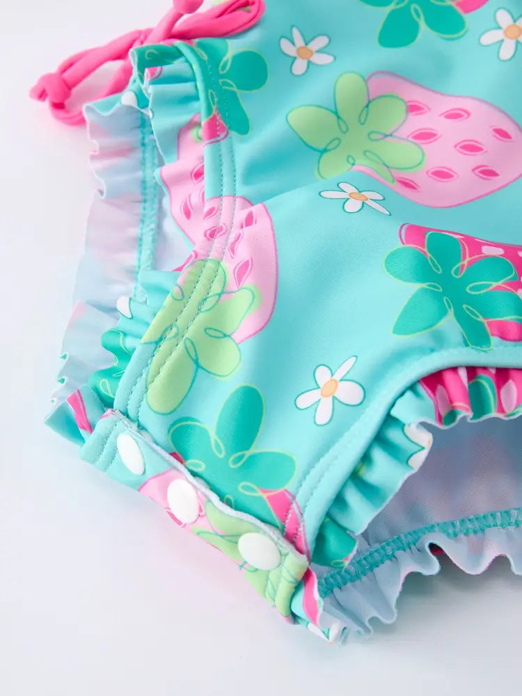 Summer Strawberry Print Girl Long Sleeve Ruffle One Piece Swimsuit - Swimsuit