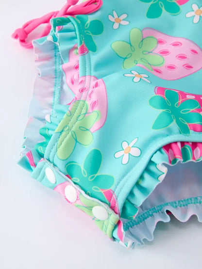 Summer Strawberry Print Girl Long Sleeve Ruffle One Piece Swimsuit - Swimsuit