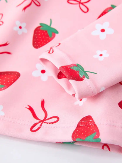 Summer Strawberry Print Girls Long Sleeve Swim Set - Swimsuit