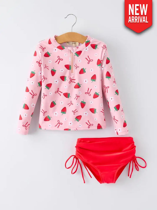 Summer Strawberry Print Girls Long Sleeve Swim Set - Swimsuit