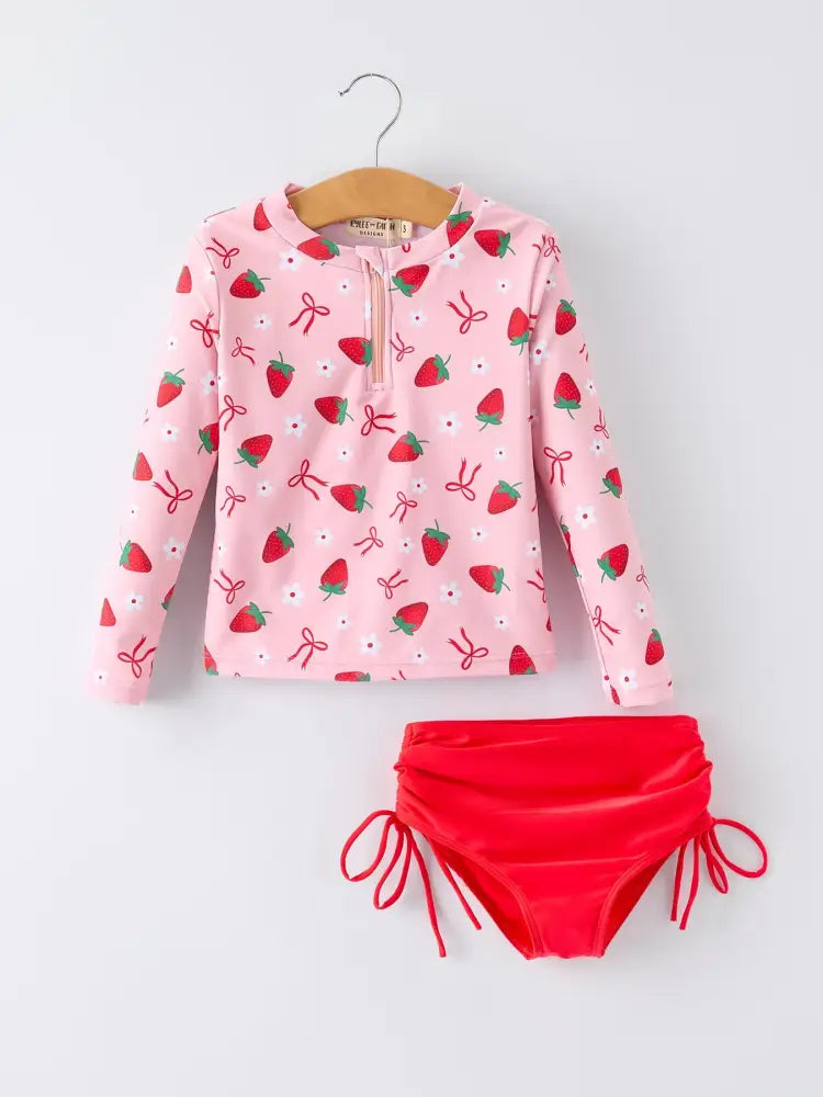Summer Strawberry Print Girls Long Sleeve Swim Set - Swimsuit