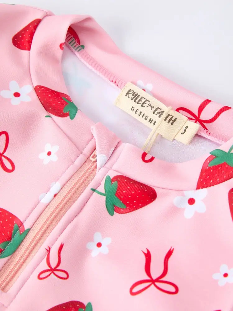 Summer Strawberry Print Girls Long Sleeve Swim Set - Swimsuit
