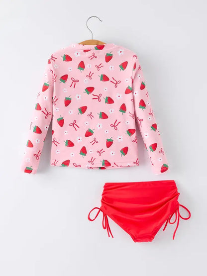 Summer Strawberry Print Girls Long Sleeve Swim Set - Swimsuit