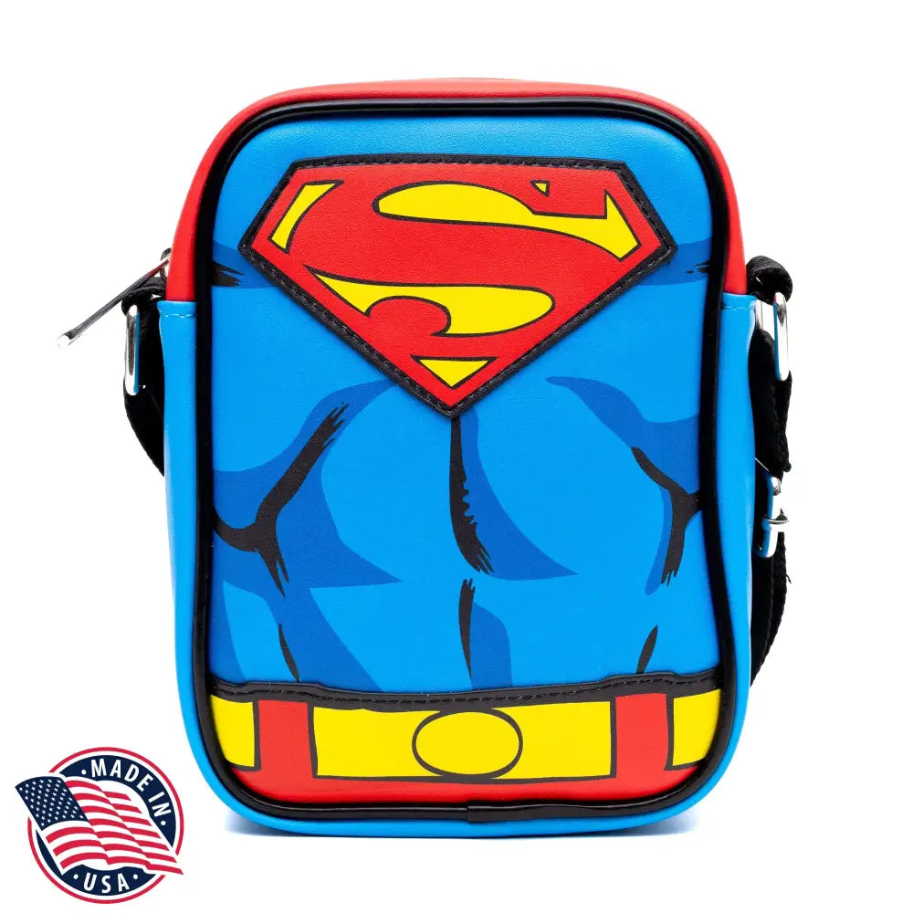 DC Comics Vegan Leather Crossbody Bag with Adjustable Straps Superman Character Close Up with Super Logo and Belt