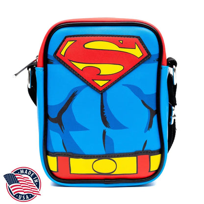 DC Comics Vegan Leather Crossbody Bag with Adjustable Straps Superman Character Close Up with Super Logo and Belt