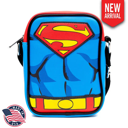 DC Comics Vegan Leather Crossbody Bag with Adjustable Straps Superman Character Close Up with Super Logo and Belt